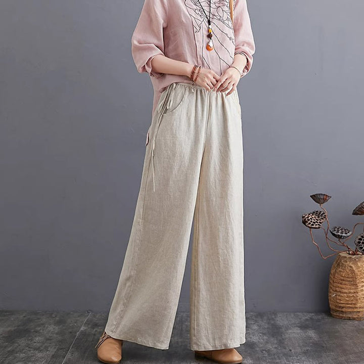 Buddha Stones Pure Simple Design High Waist Cotton Linen Women's Wide Leg Pants With Pockets - image 19