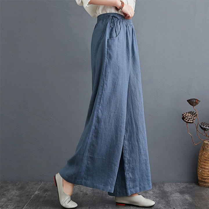 Buddha Stones Pure Simple Design High Waist Cotton Linen Women's Wide Leg Pants With Pockets