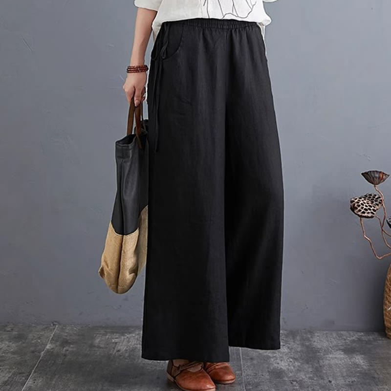 Buddha Stones Pure Simple Design High Waist Cotton Linen Women's Wide Leg Pants With Pockets