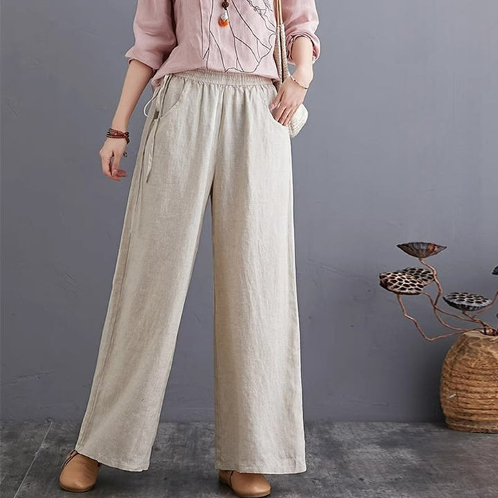 Buddha Stones Pure Simple Design High Waist Cotton Linen Women's Wide Leg Pants With Pockets
