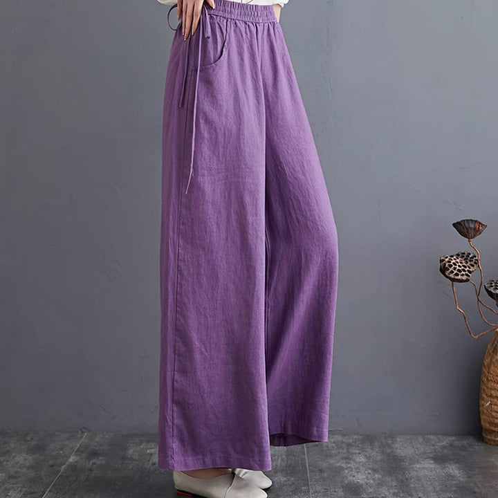 Buddha Stones Pure Simple Design High Waist Cotton Linen Women's Wide Leg Pants With Pockets - image 9