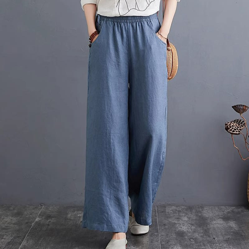 Buddha Stones Pure Simple Design High Waist Cotton Linen Women's Wide Leg Pants With Pockets