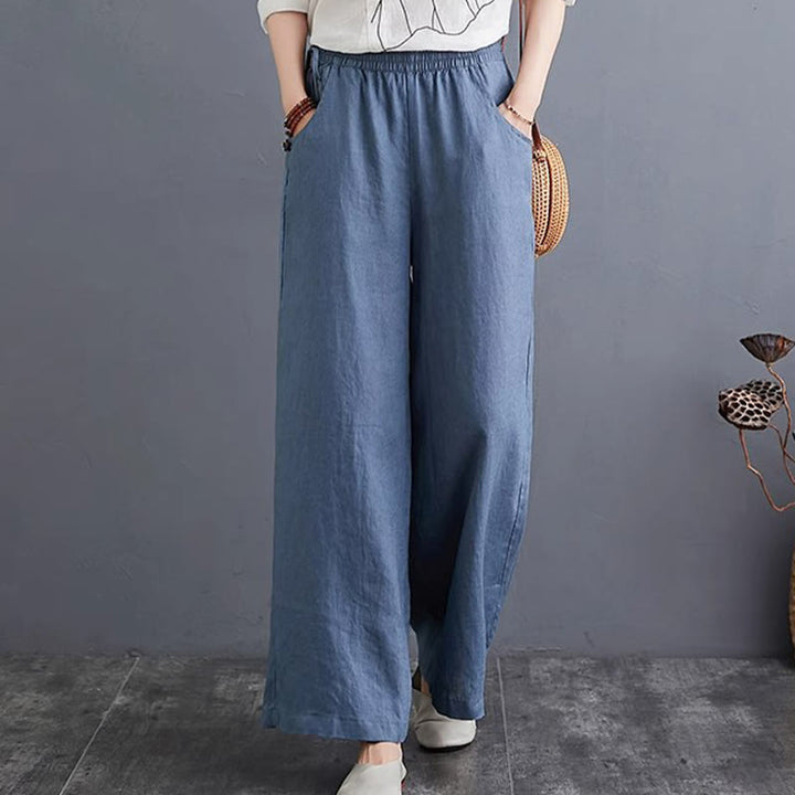Buddha Stones Pure Simple Design High Waist Cotton Linen Women's Wide Leg Pants With Pockets