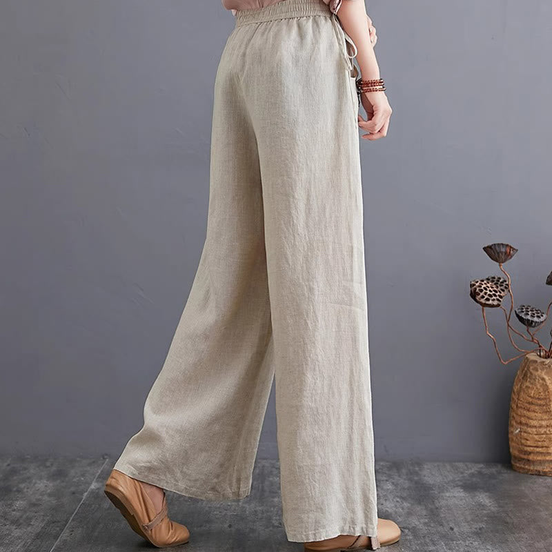 Buddha Stones Pure Simple Design High Waist Cotton Linen Women's Wide Leg Pants With Pockets