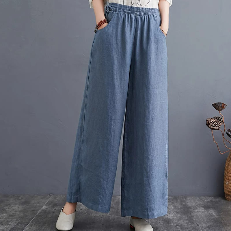 Buddha Stones Pure Simple Design High Waist Cotton Linen Women's Wide Leg Pants With Pockets