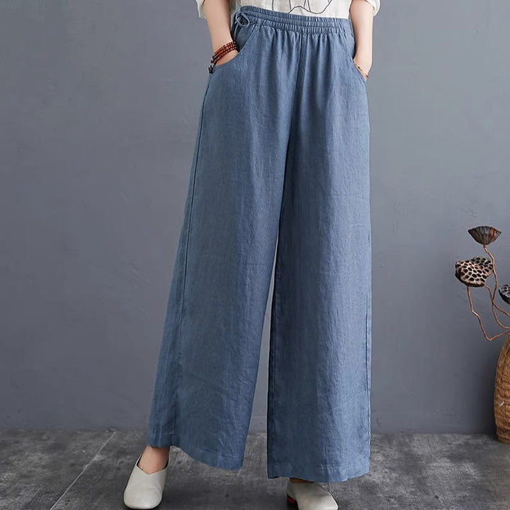 Buddha Stones Pure Simple Design High Waist Cotton Linen Women's Wide Leg Pants With Pockets