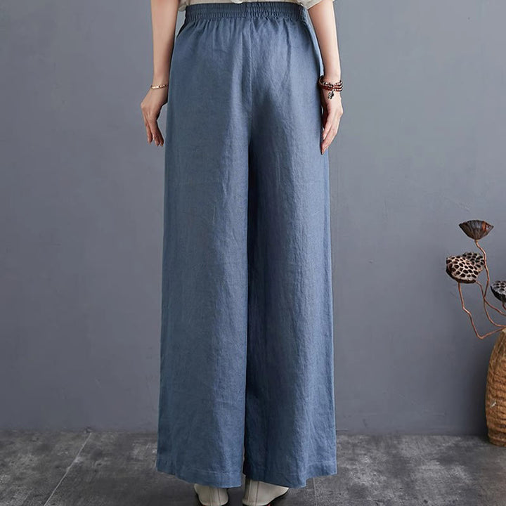 Buddha Stones Pure Simple Design High Waist Cotton Linen Women's Wide Leg Pants With Pockets