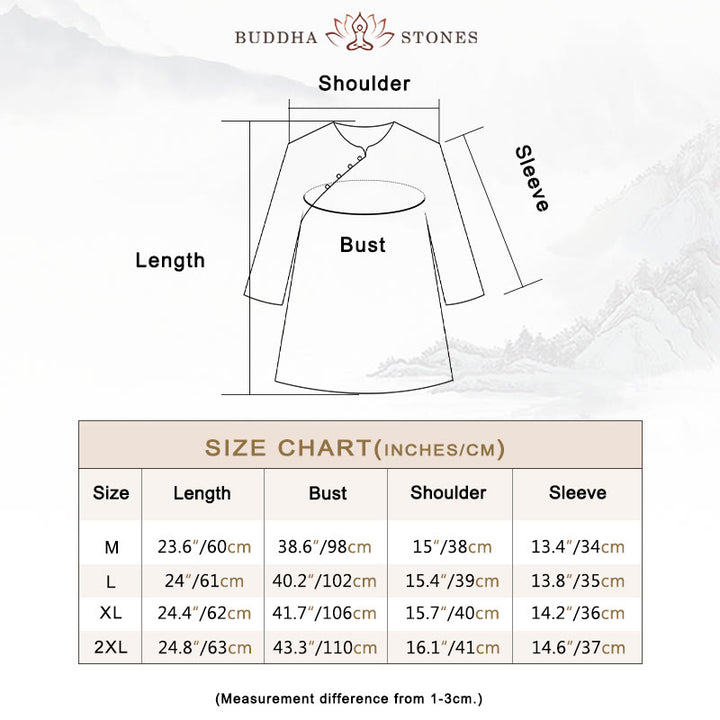 Buddha Stones Blue Flowers Orange Leaves Frog-Button Three Quarter Sleeve Cotton Linen Shirt - image 3