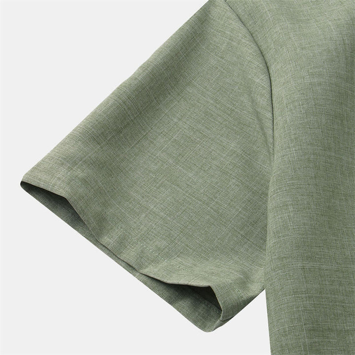 Buddha Stones Summer Men's Button Plain Short Sleeve Cotton Shirt With Pocket - image 3