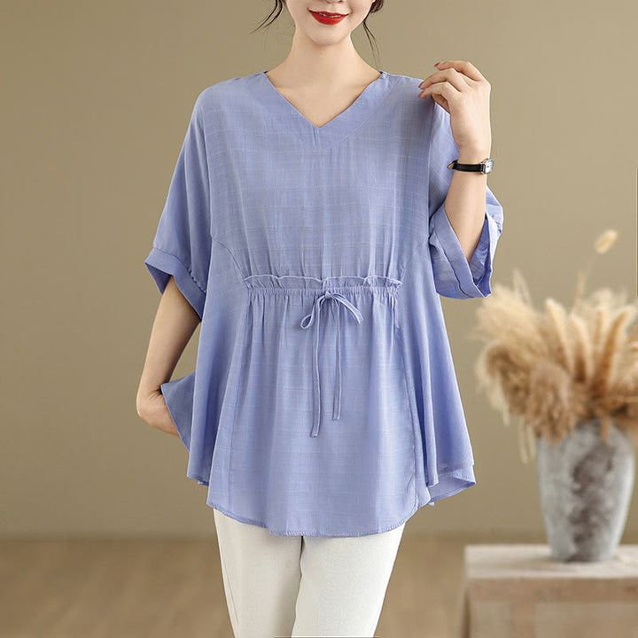 Buddha Stones Casual Solid Color Half Sleeve Half Button Women's T-Shirt - CornflowerBlue - US12，UK/AU16，EU44 (2XL) - image 0