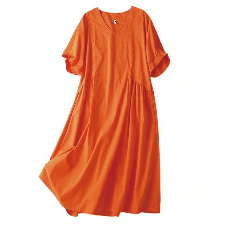 Buddha Stones Casual Pure Color Design Short Sleeve V-Neck Cotton Midi Dress With Pockets - image 8