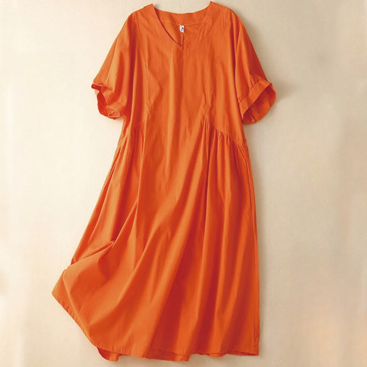 Buddha Stones Casual Pure Color Design Short Sleeve V-Neck Cotton Midi Dress With Pockets - OrangeRed - US8-10，UK/AU12-14，EU40-42 (2XL) - image 4