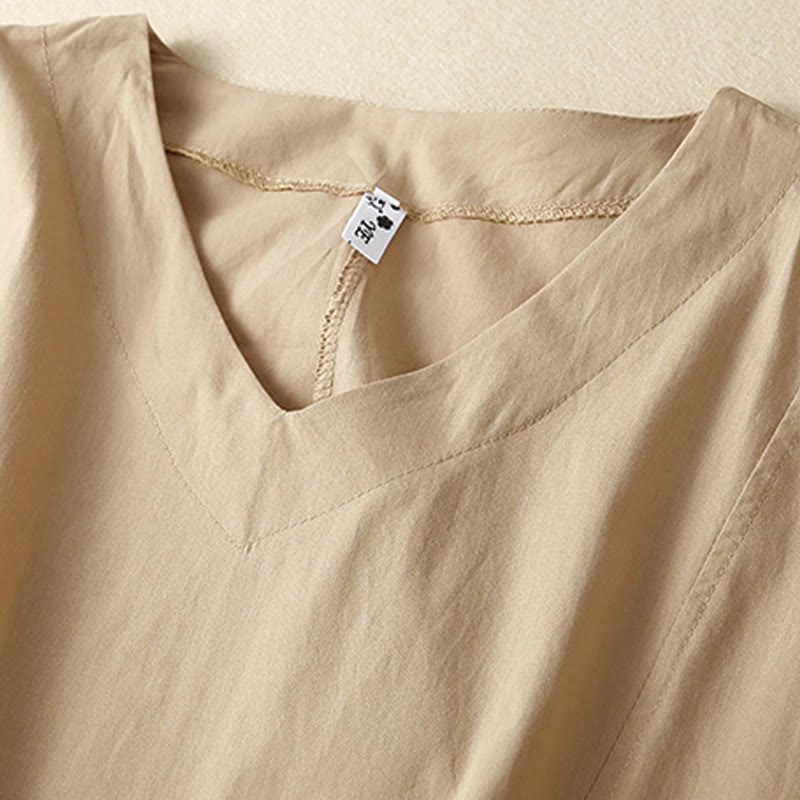 Buddha Stones Casual Pure Color Design Short Sleeve V-Neck Cotton Midi Dress With Pockets - image 12