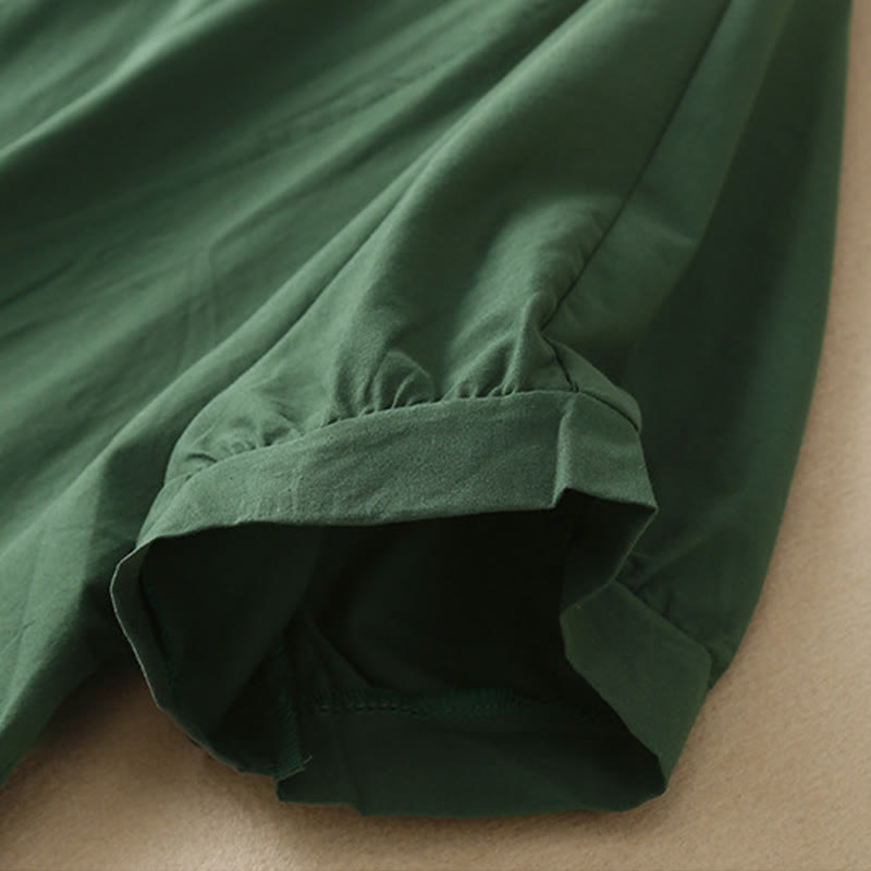 Buddha Stones Casual Pure Color Design Short Sleeve V-Neck Cotton Midi Dress With Pockets - image 1