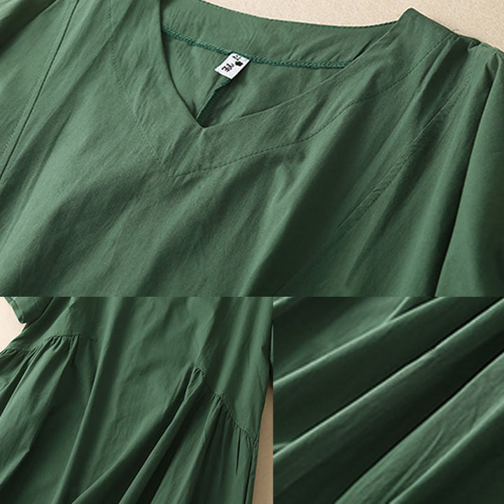 Buddha Stones Casual Pure Color Design Short Sleeve V-Neck Cotton Midi Dress With Pockets - image 3