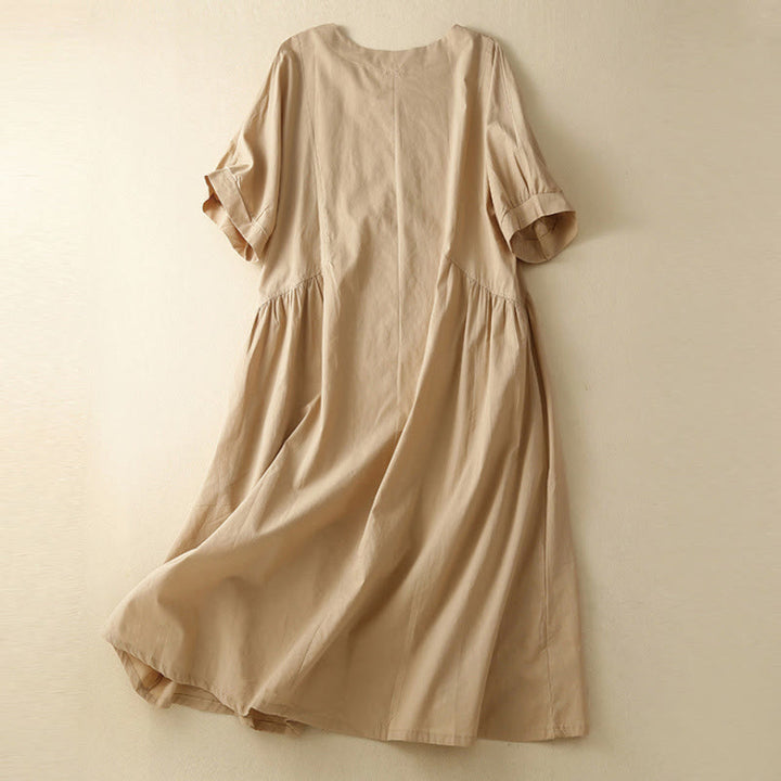 Buddha Stones Casual Pure Color Design Short Sleeve V-Neck Cotton Midi Dress With Pockets - image 10