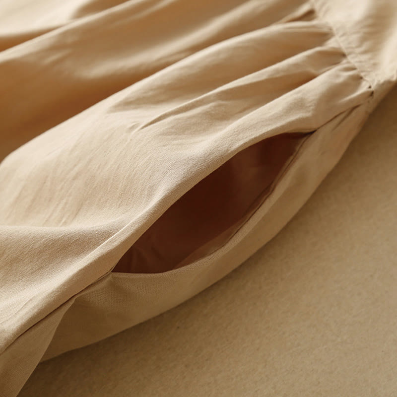 Buddha Stones Casual Pure Color Design Short Sleeve V-Neck Cotton Midi Dress With Pockets - image 11