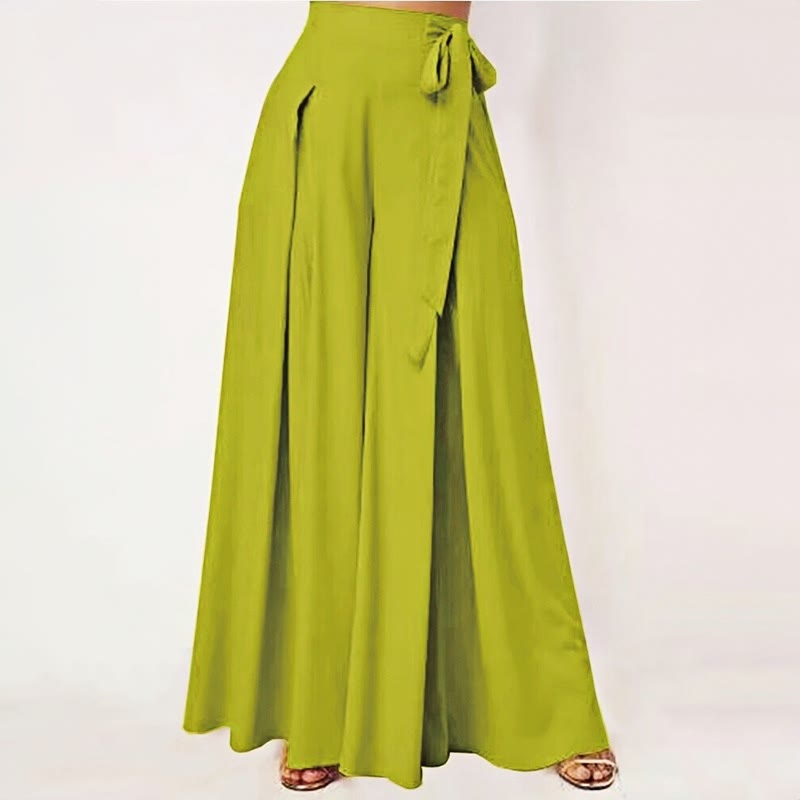 Buddha Stones Spring Casual Retro Plain Drawstring Women's Wide Leg Pants With Pockets - GreenYellow - US14，UK/AU18，EU46 (2XL) - image 1