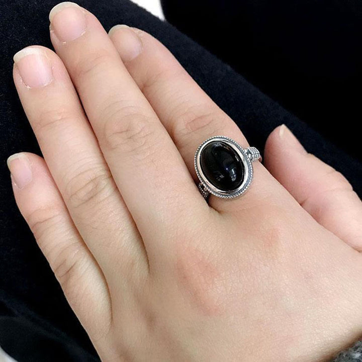 Buddha Stones Natural Black Onyx Adjustable Protection Ring