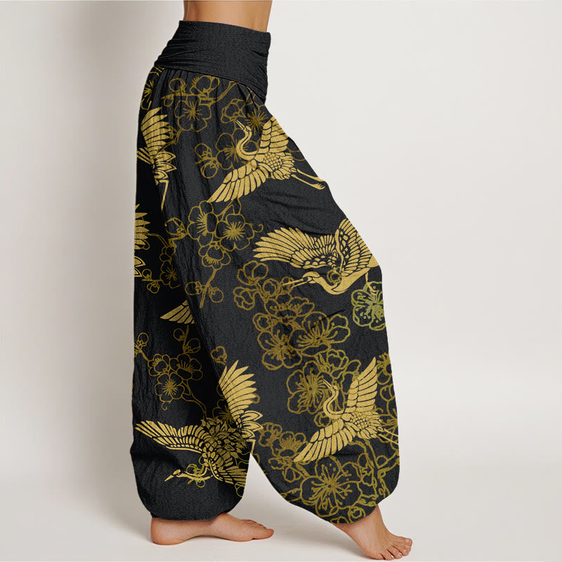 Buddha Stones Crane Flower Pattern Women's Elastic Waist Harem Pants - image 3
