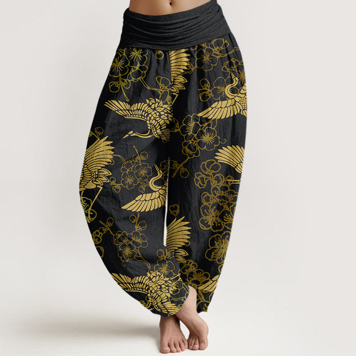 Buddha Stones Crane Flower Pattern Women's Elastic Waist Harem Pants - Black - US22，UK/AU26，EU54 (6XL) - image 1