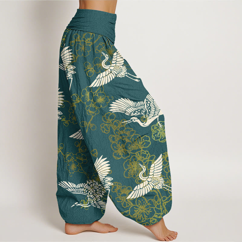 Buddha Stones Crane Flower Pattern Women's Elastic Waist Harem Pants - image 7