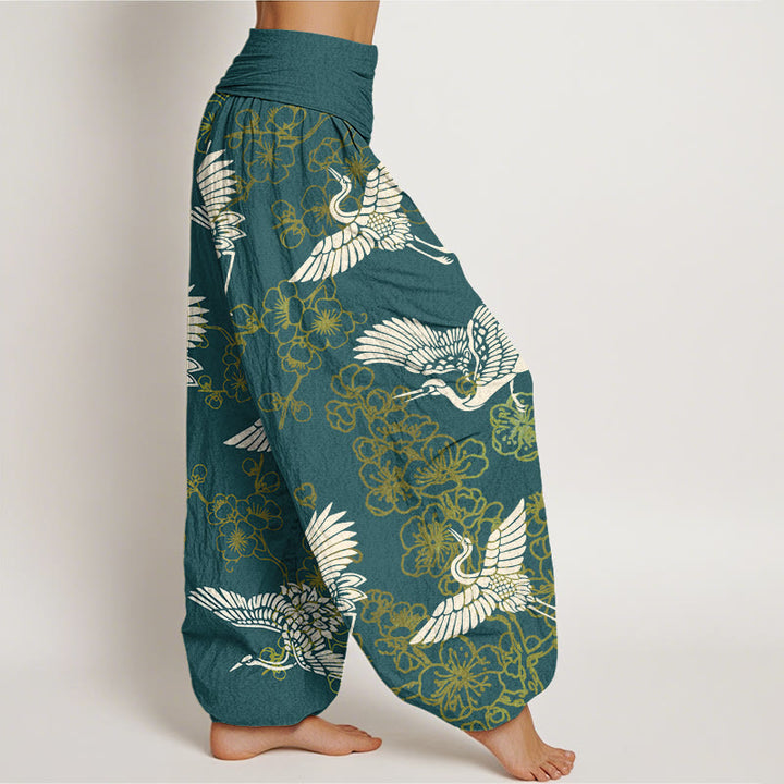 Buddha Stones Crane Flower Pattern Women's Elastic Waist Harem Pants - image 7