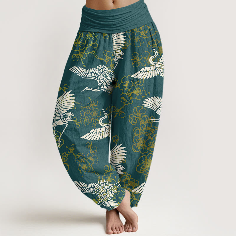 Buddha Stones Crane Flower Pattern Women's Elastic Waist Harem Pants - SeaGreen - US22，UK/AU26，EU54 (6XL) - image 5