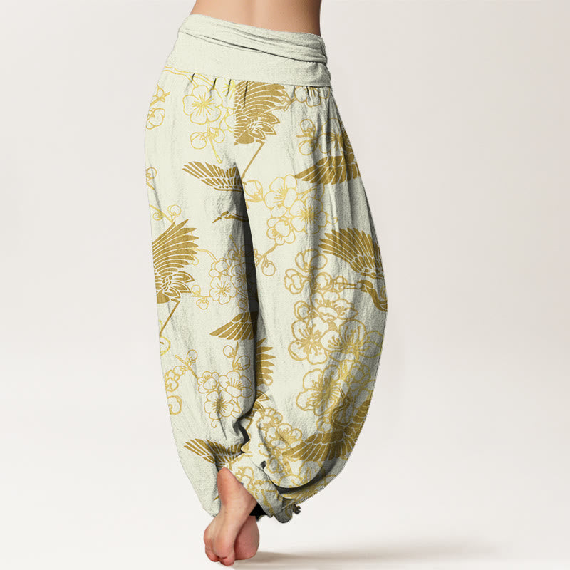 Buddha Stones Crane Flower Pattern Women's Elastic Waist Harem Pants - image 9