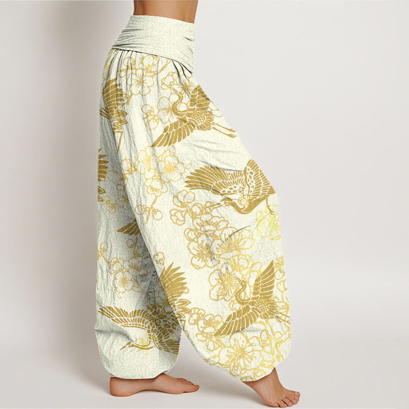 Buddha Stones Crane Flower Pattern Women's Elastic Waist Harem Pants - image 10
