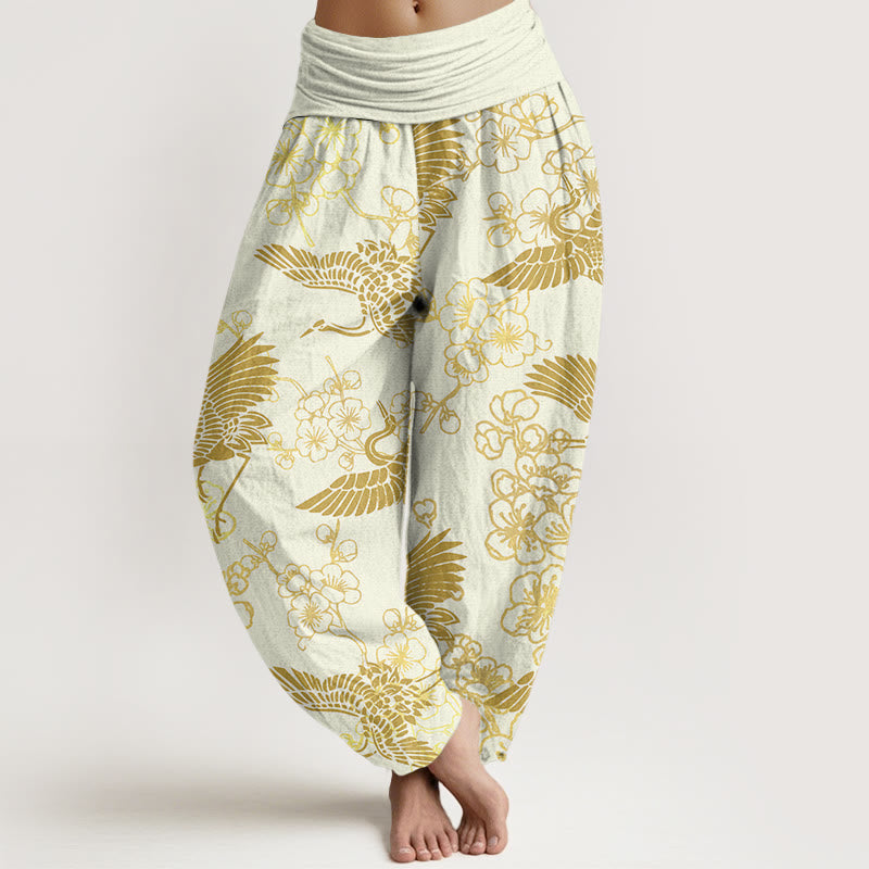 Buddha Stones Crane Flower Pattern Women's Elastic Waist Harem Pants - LightYellow - US22，UK/AU26，EU54 (6XL) - image 8