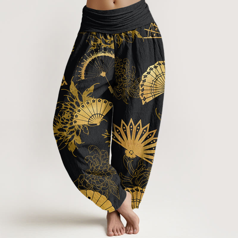 Buddha Stones Fan Flower Pattern Women's Elastic Waist Harem Pants - Black - US22，UK/AU26，EU54 (6XL) - image 1