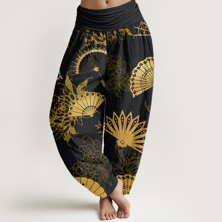 Buddha Stones Fan Flower Pattern Women's Elastic Waist Harem Pants - Black - US22，UK/AU26，EU54 (6XL) - image 1