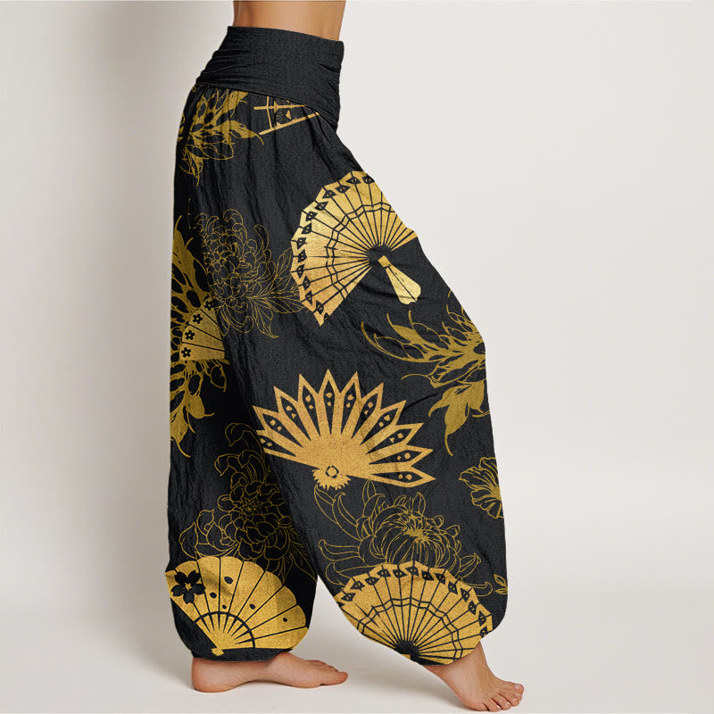 Buddha Stones Fan Flower Pattern Women's Elastic Waist Harem Pants - image 3