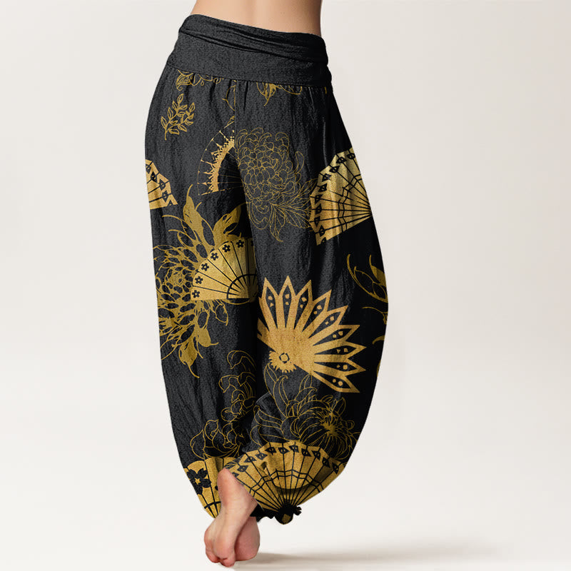 Buddha Stones Fan Flower Pattern Women's Elastic Waist Harem Pants - image 2