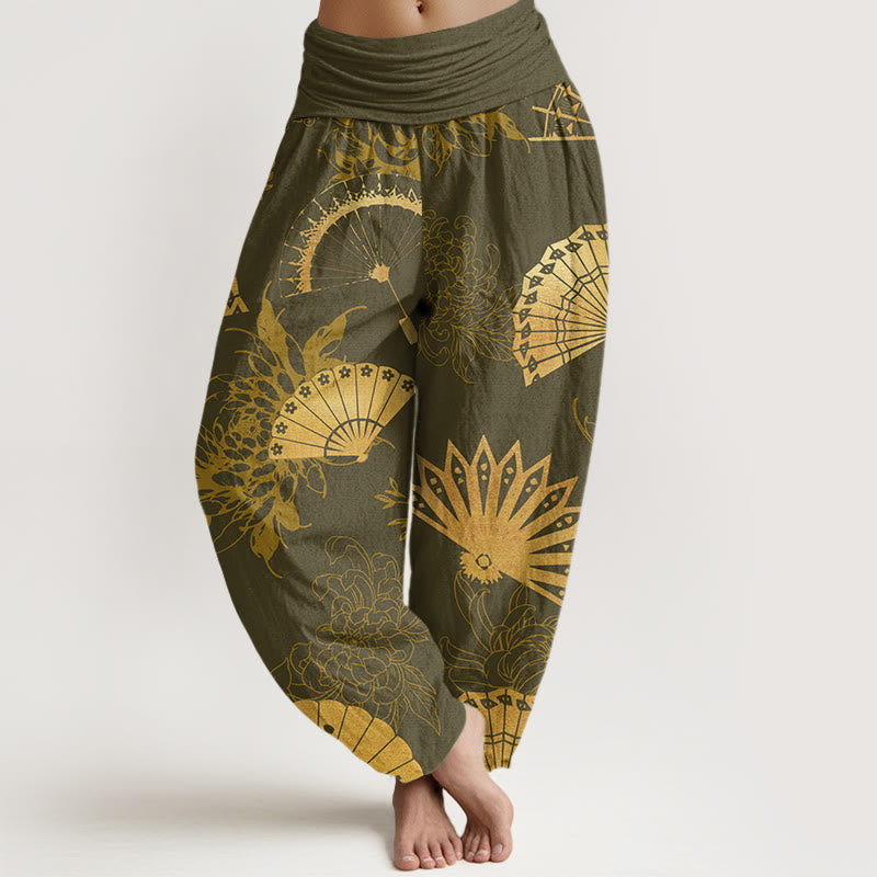 Buddha Stones Fan Flower Pattern Women's Elastic Waist Harem Pants - Olive - US22，UK/AU26，EU54 (6XL) - image 5