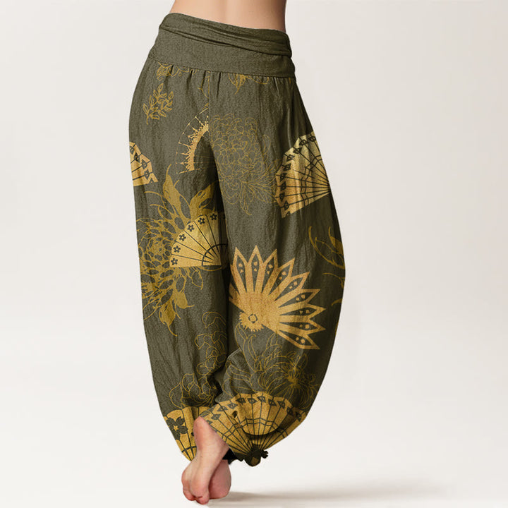 Buddha Stones Fan Flower Pattern Women's Elastic Waist Harem Pants - image 6