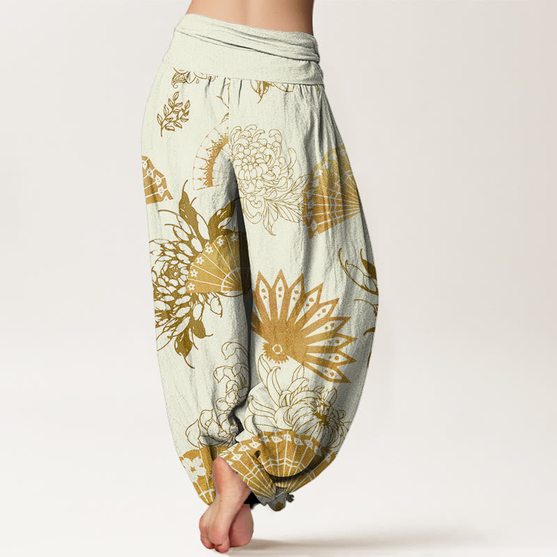 Buddha Stones Fan Flower Pattern Women's Elastic Waist Harem Pants - image 9