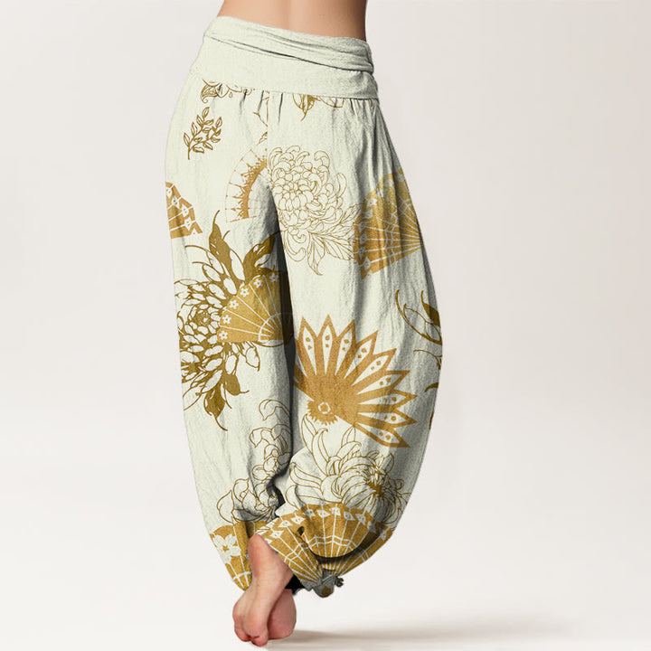 Buddha Stones Fan Flower Pattern Women's Elastic Waist Harem Pants - image 9