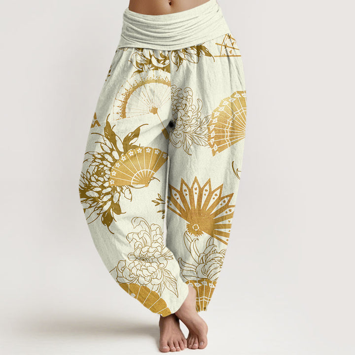 Buddha Stones Fan Flower Pattern Women's Elastic Waist Harem Pants - Cornsilk - US22，UK/AU26，EU54 (6XL) - image 8