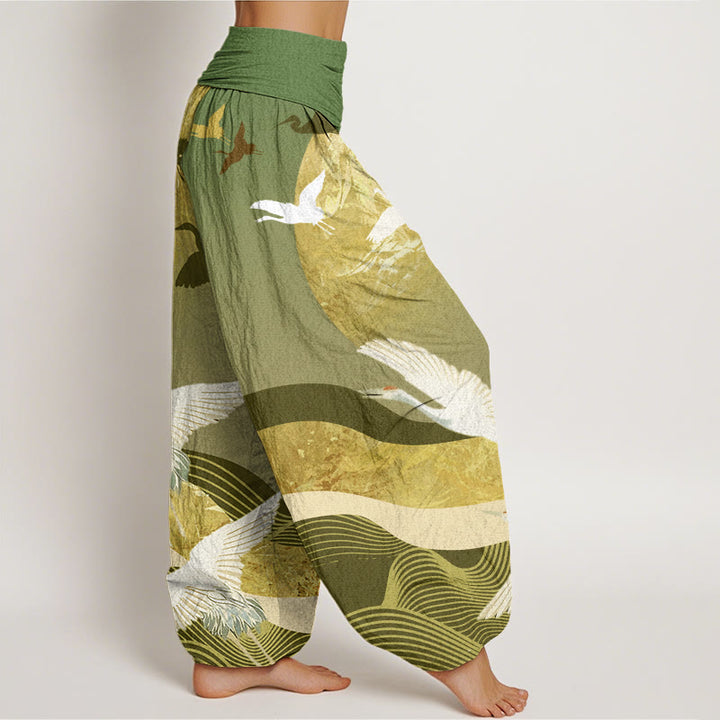 Buddha Stones Crane Sun Wave Pattern Women's Elastic Waist Harem Pants - image 7