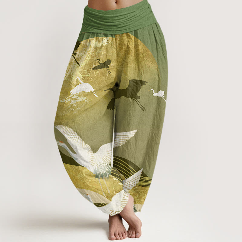 Buddha Stones Crane Sun Wave Pattern Women's Elastic Waist Harem Pants - ForestGreen - US22，UK/AU26，EU54 (6XL) - image 5