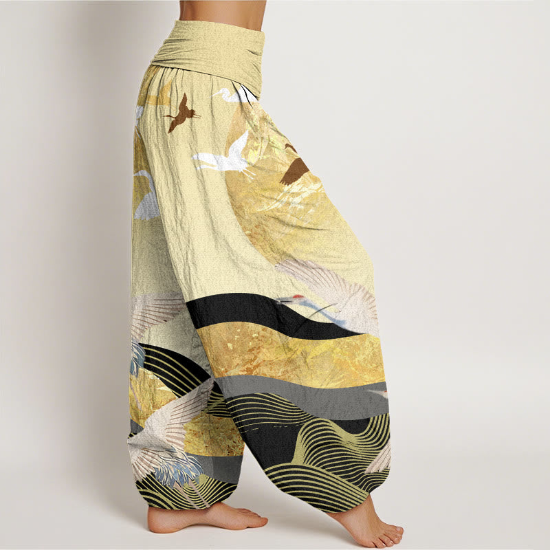 Buddha Stones Crane Sun Wave Pattern Women's Elastic Waist Harem Pants - image 10
