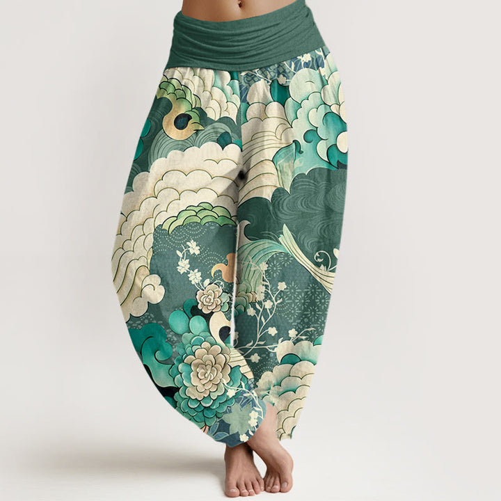 Buddha Stones Cotton Flower Wave Pattern Women's Elastic Waist Harem Pants - SeaGreen - US22，UK/AU26，EU54 (6XL) - image 0