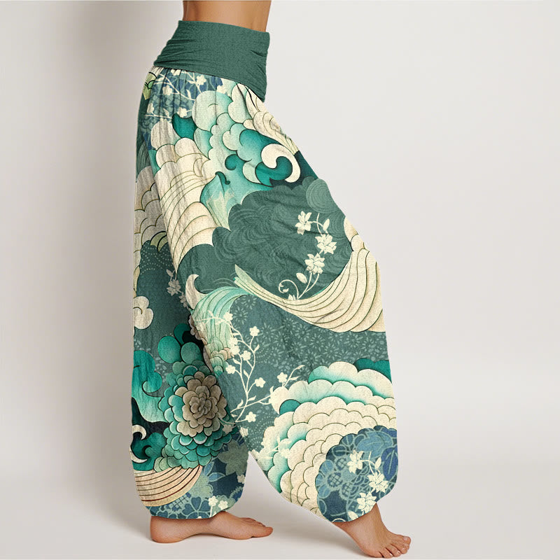 Buddha Stones Flower Wave Pattern Women's Elastic Waist Harem Pants - image 3