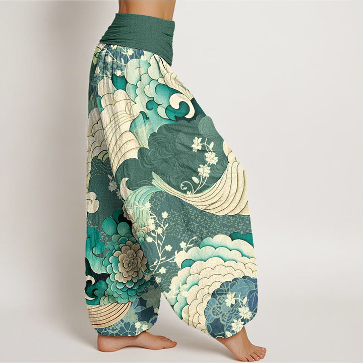 Buddha Stones Flower Wave Pattern Women's Elastic Waist Harem Pants - image 3