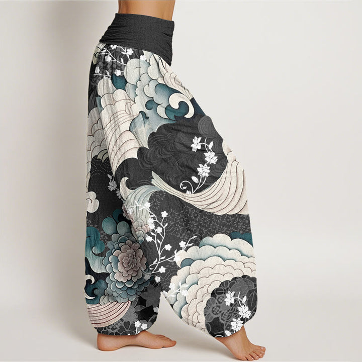 Buddha Stones Flower Wave Pattern Women's Elastic Waist Harem Pants - image 7