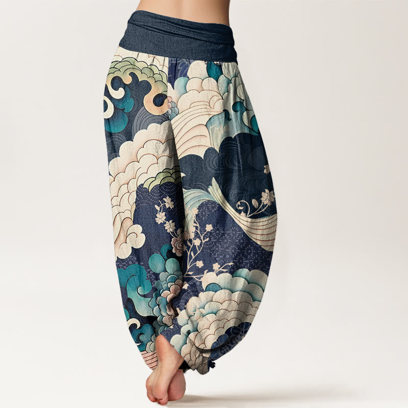 Buddha Stones Flower Wave Pattern Women's Elastic Waist Harem Pants - image 9