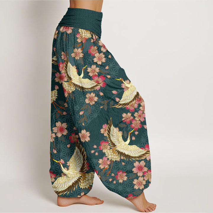 Buddha Stones Crane Peach Blossom Pattern Women's Elastic Waist Harem Pants - image 3
