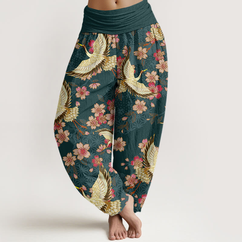 Buddha Stones Crane Peach Blossom Pattern Women's Elastic Waist Harem Pants - DarkGreen - US22，UK/AU26，EU54 (6XL) - image 1